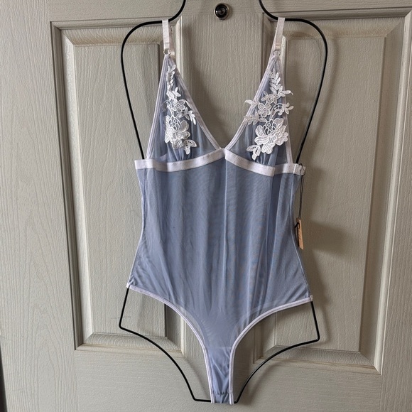 Other - Sheer Blue Bodysuit with White Floral Embroidery